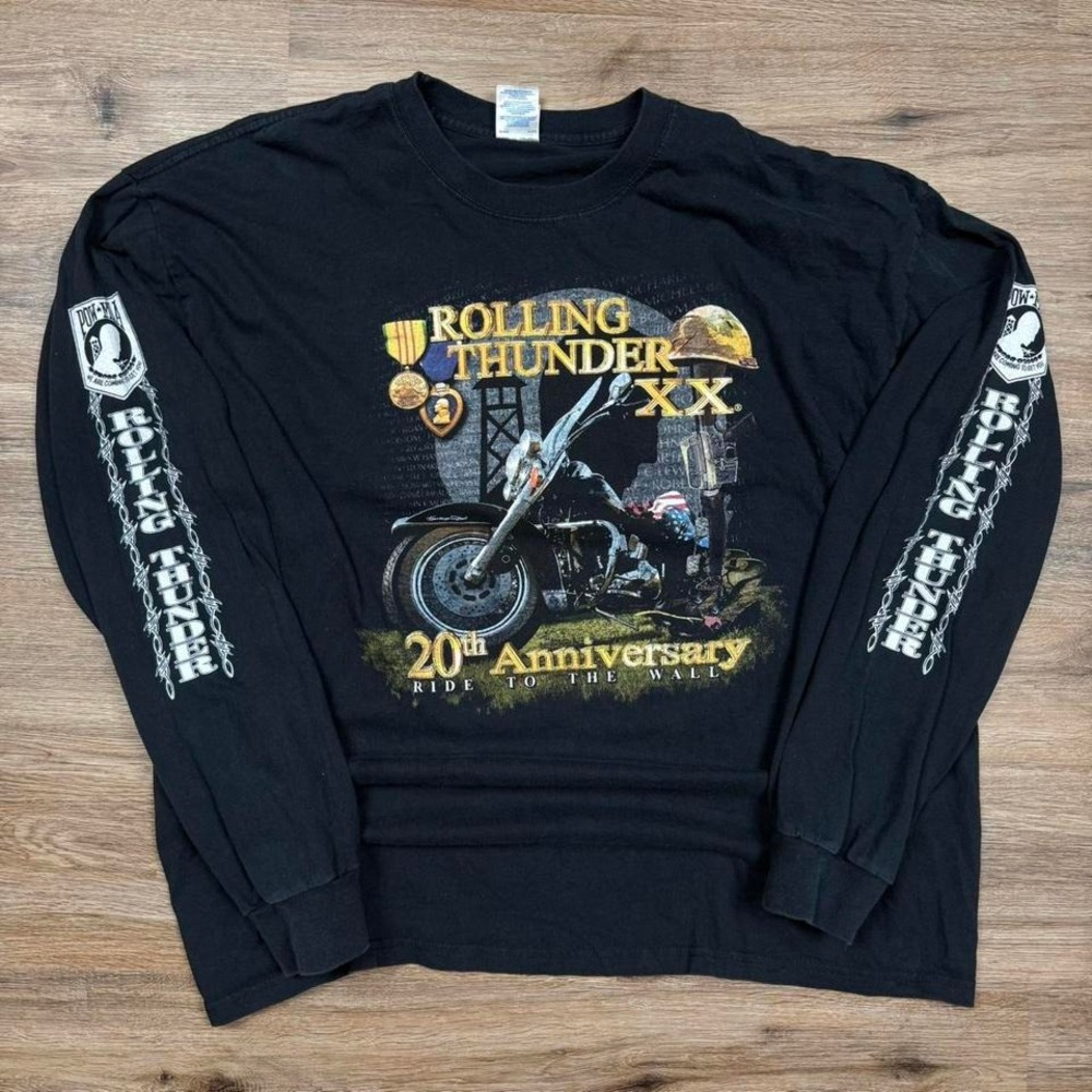 vintage faded black rolling thunder 20th anniversary long sleeve biker graphic t